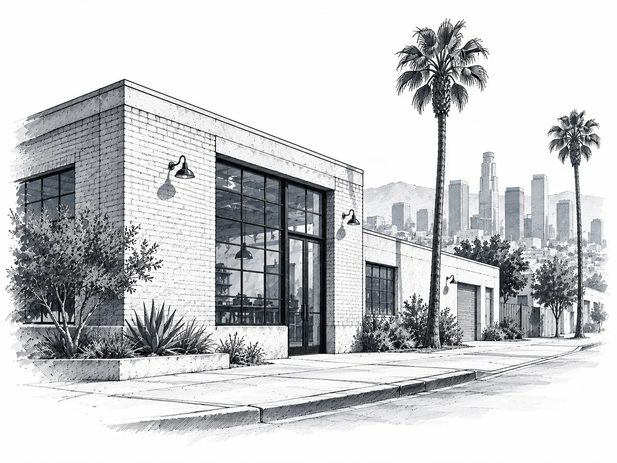 An illustrated Los Angeles streetscape: brick workshops, palms and the downtown skyline in the distance.