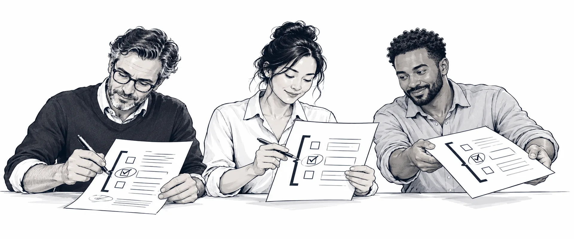 Illustration of three colleagues carrying the same circled correction from source notes into prepared work.