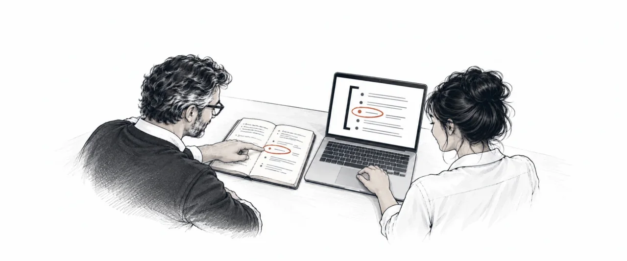 Illustration of two colleagues reviewing a notebook and a laptop document with the same copper-circled detail.