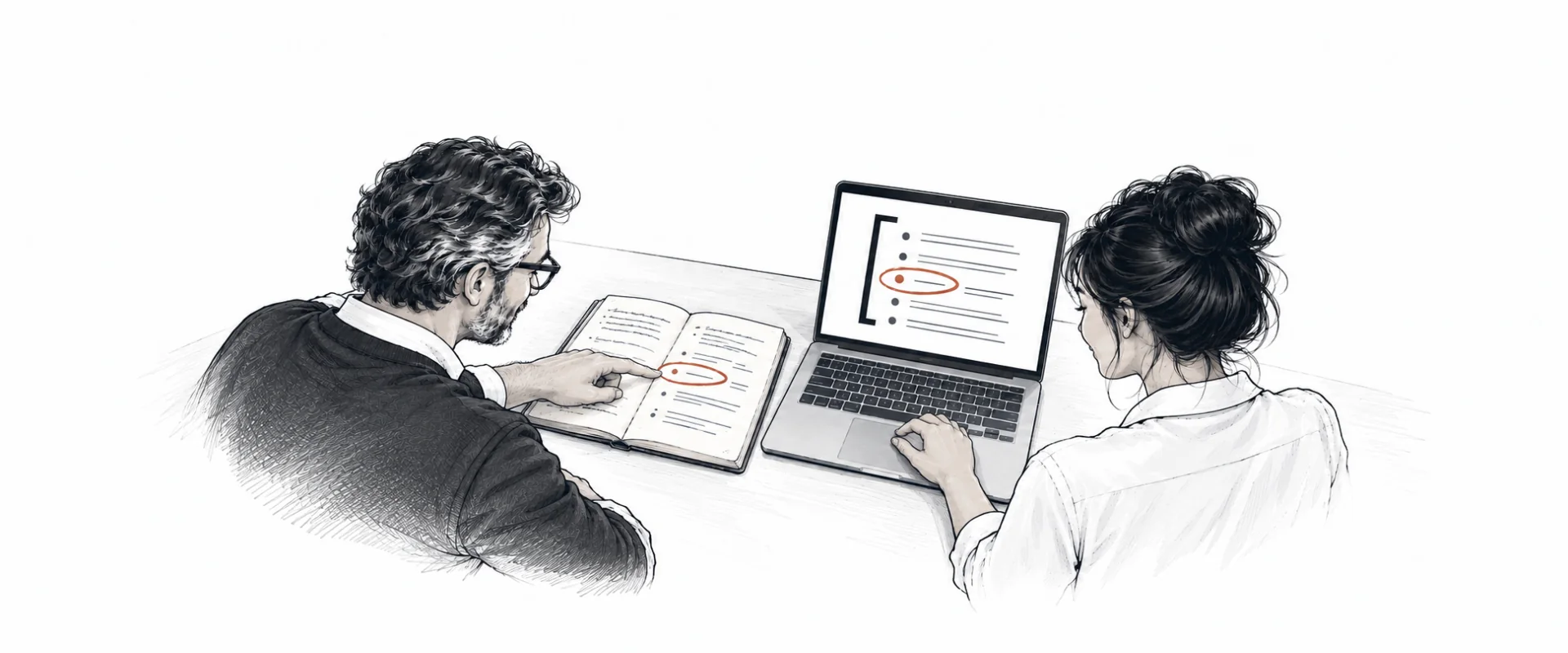 Illustration of two colleagues reviewing a notebook and a laptop document with the same copper-circled detail.
