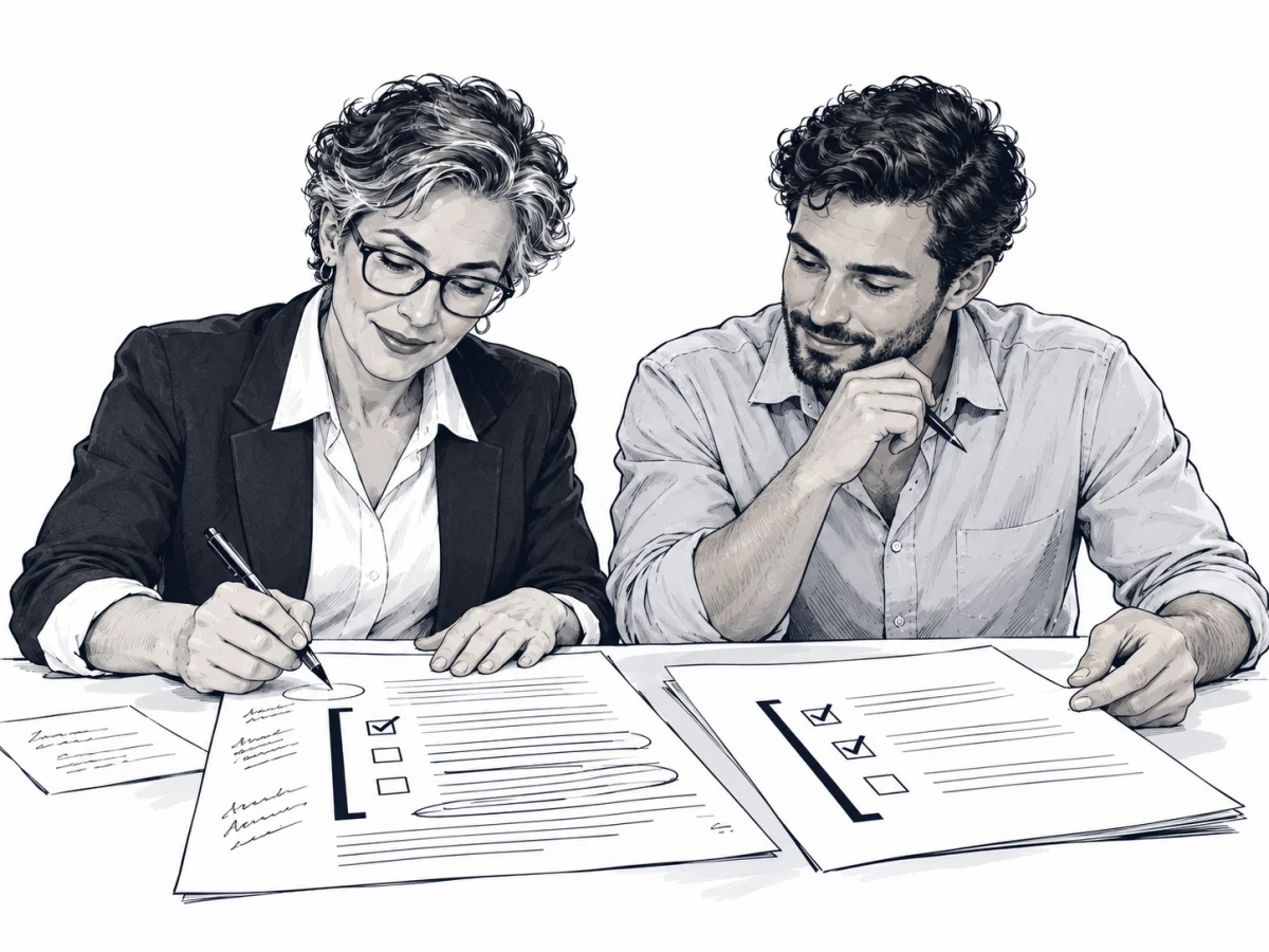 Illustration of two colleagues carrying annotations from a source document into prepared work, with the same checked detail in both.