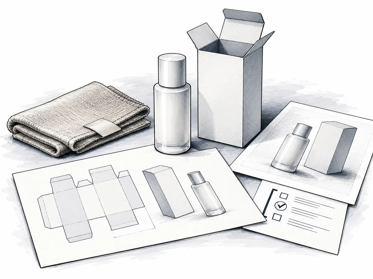 Ink illustration of a product bottle, carton, fabric sample and packaging proofs prepared for a launch.