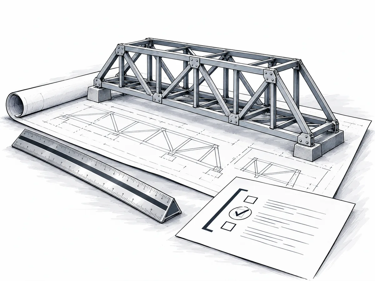 Ink illustration of a structural truss model on engineering drawings beside a scale and project record.
