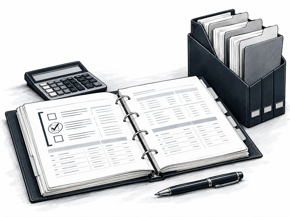 Ink illustration of an investment review binder, calculator and organized client folders.
