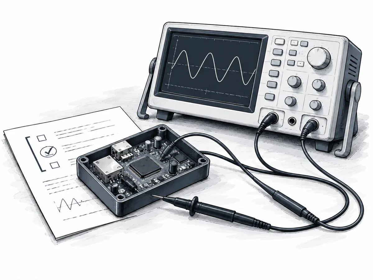 Ink illustration of an oscilloscope, prototype circuit board and test record on a hardware development bench.