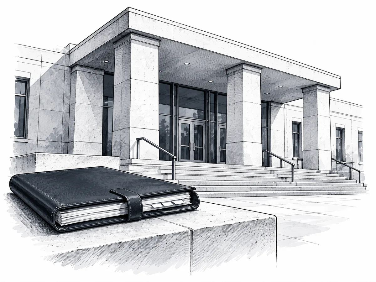 Ink illustration of a courthouse entrance with a case folio on a foreground ledge.