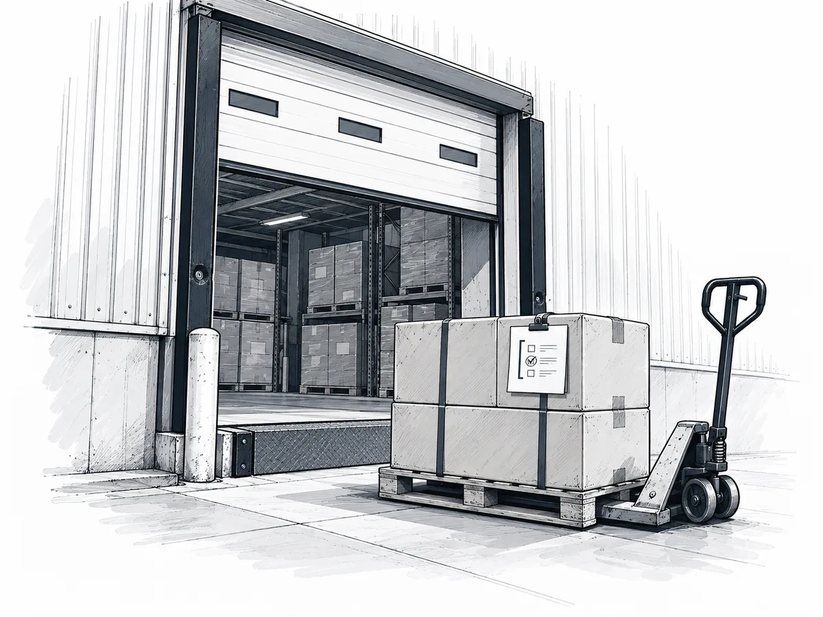 Ink illustration of a warehouse loading bay, packed cartons and a pallet jack.