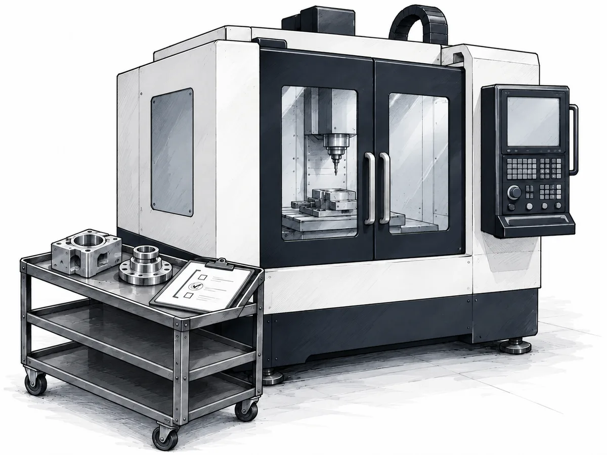 Ink illustration of an enclosed CNC machine beside machined parts and a job packet.