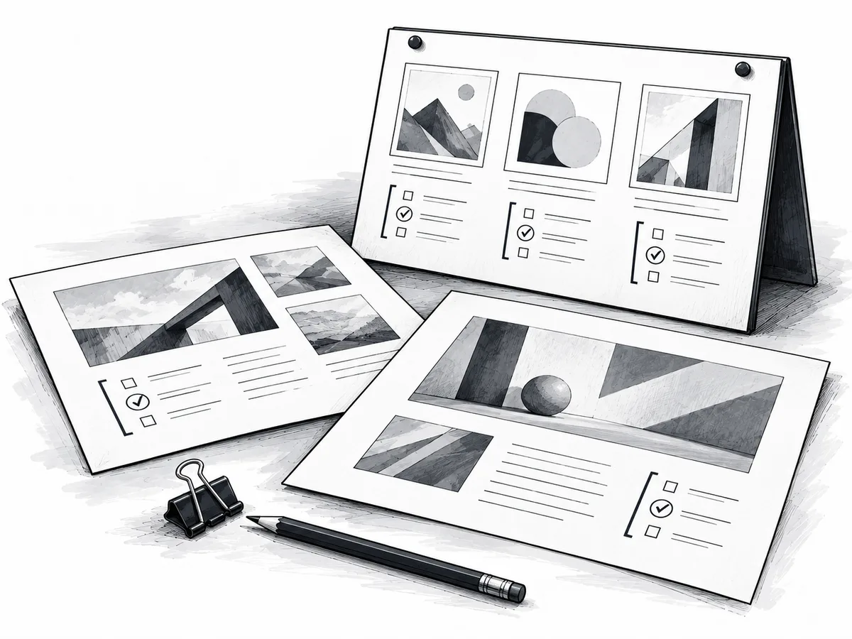 Ink illustration of campaign proofs, a presentation board and marked creative layouts.