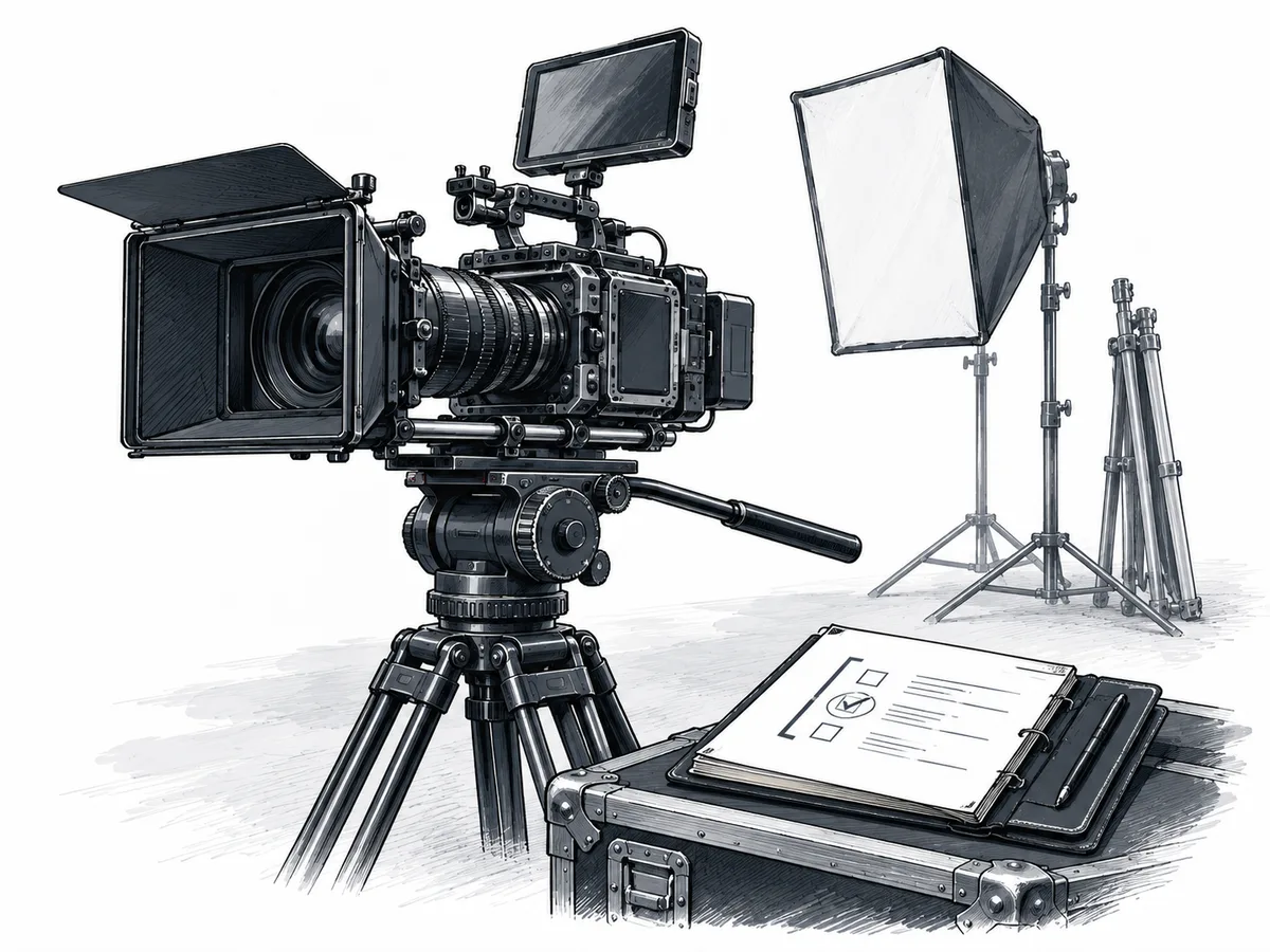 Ink illustration of a cinema camera, studio equipment and production folio.