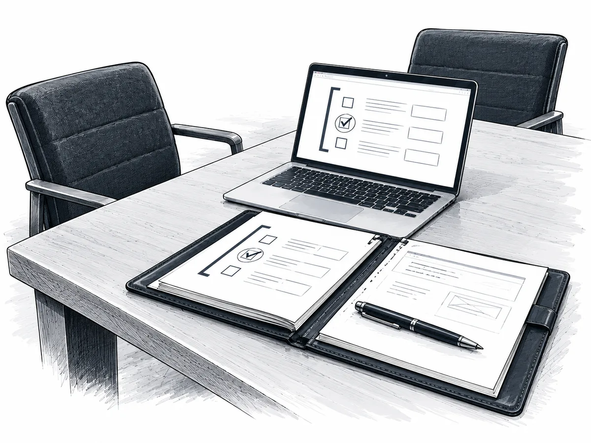 Ink illustration of a client review workspace with meeting chairs, a laptop and project folio.