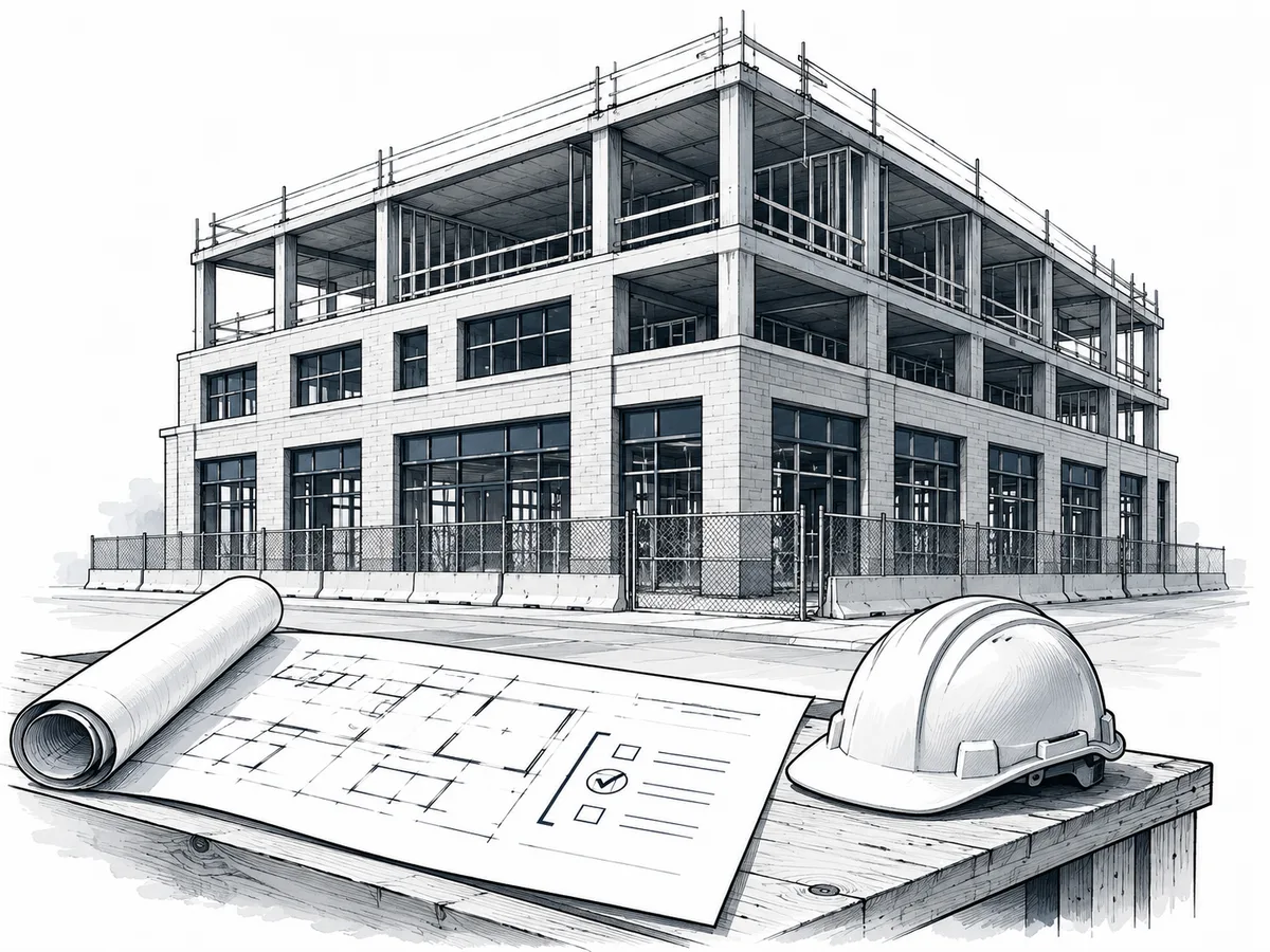 Ink illustration of a building under construction with architectural plans and a hard hat.
