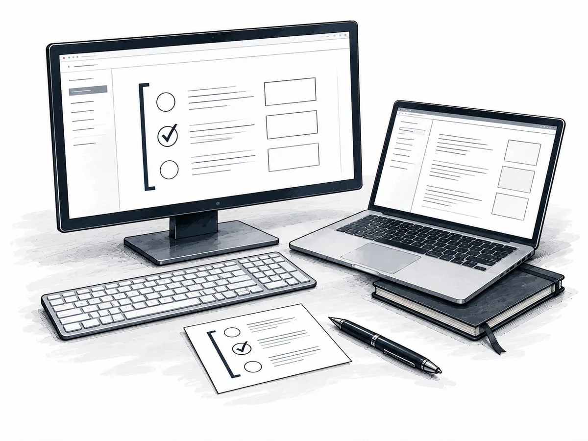 Ink illustration of a software operations workstation with a monitor, laptop and prepared handoff.