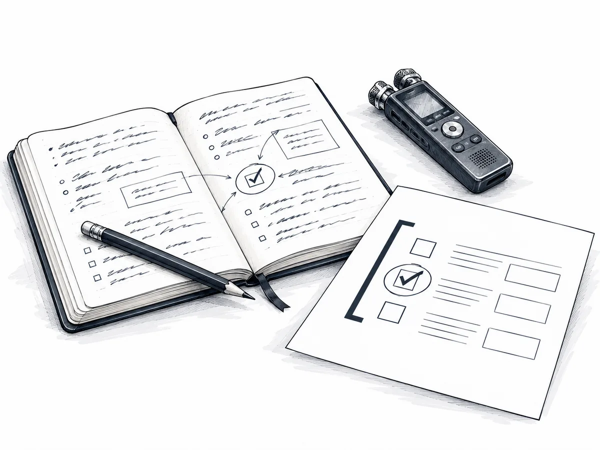 Editorial ink illustration of a working notebook, audio recorder and procedure sheet carrying the same circled detail.