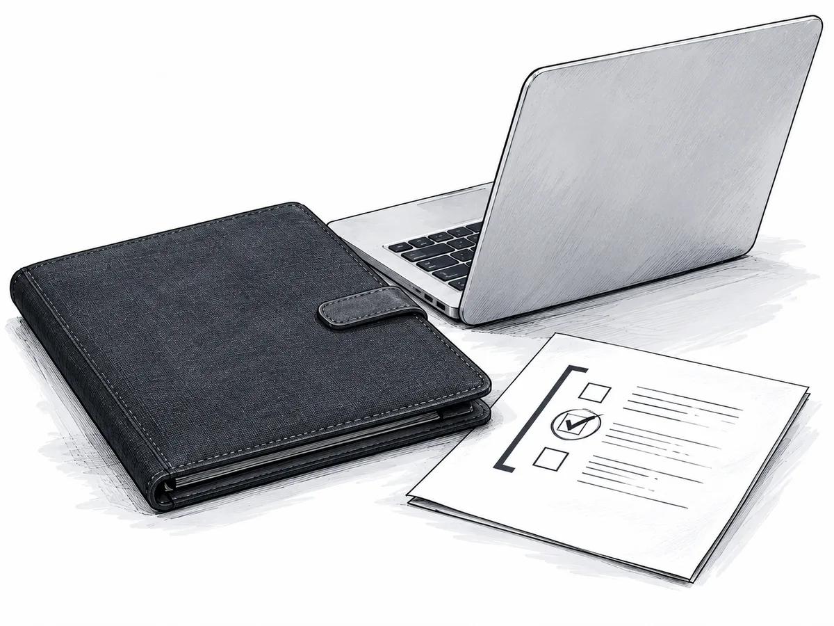 Editorial ink illustration of a closed document folio, a laptop facing away and a handover note.