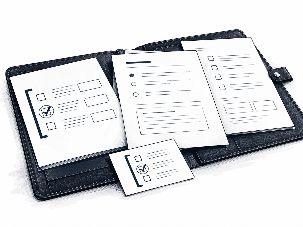 Editorial ink illustration of an open folio with instruction sheets, an output template and a shared context brief.