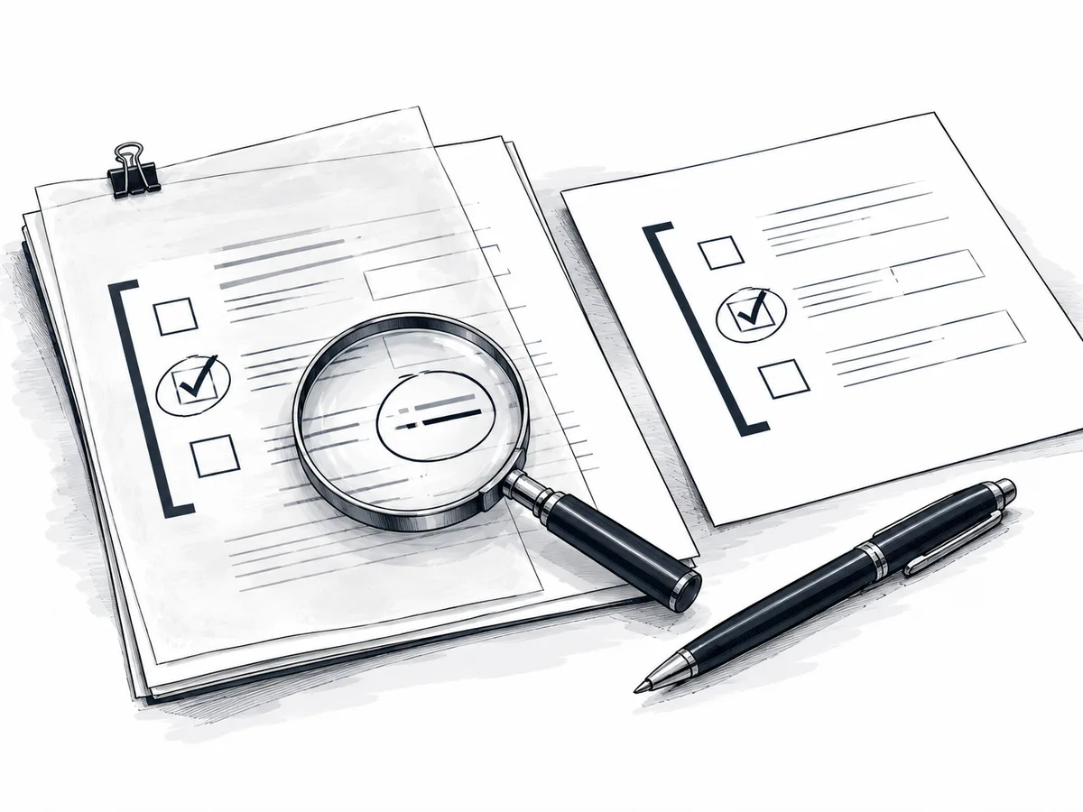 Editorial ink illustration of two records and a magnifying glass revealing a marked discrepancy.