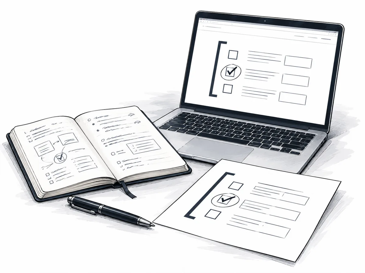Editorial ink illustration of source notes, a laptop showing a prepared record, and a handoff sheet sharing one marked detail.