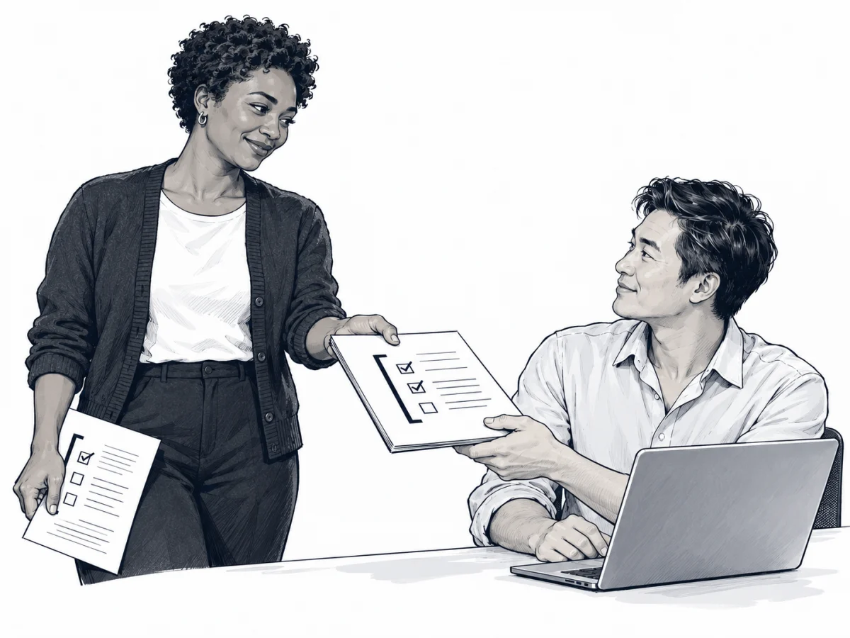 Illustration of colleagues handing prepared work from one role to the next.