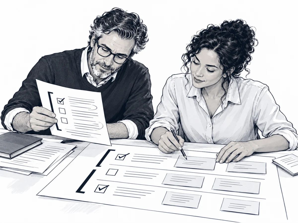 Illustration of colleagues turning a marked brief into an organized plan.